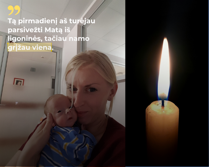 Vaikelio netektį išgyvenusios mamos nuotrauka su kūdikiu ir degančia atminimo žvake.
