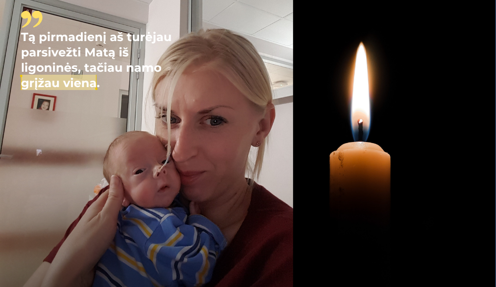 Vaikelio netektį išgyvenusios mamos nuotrauka su kūdikiu ir degančia atminimo žvake.